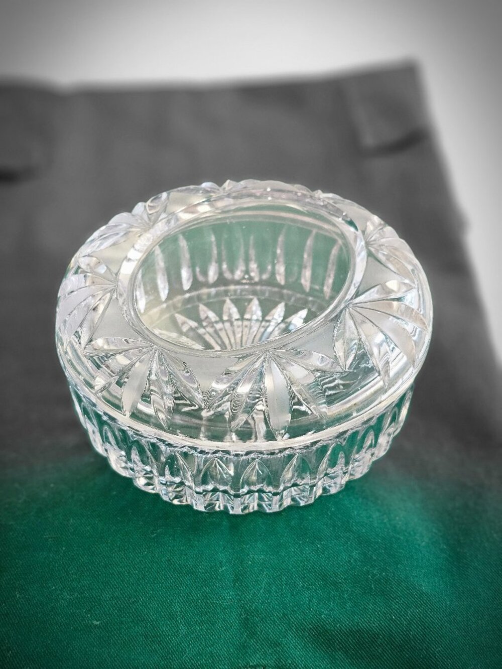 Vintage Clear Cut Glass Covered Candy Dish Starburst Lidded Trinket Dish